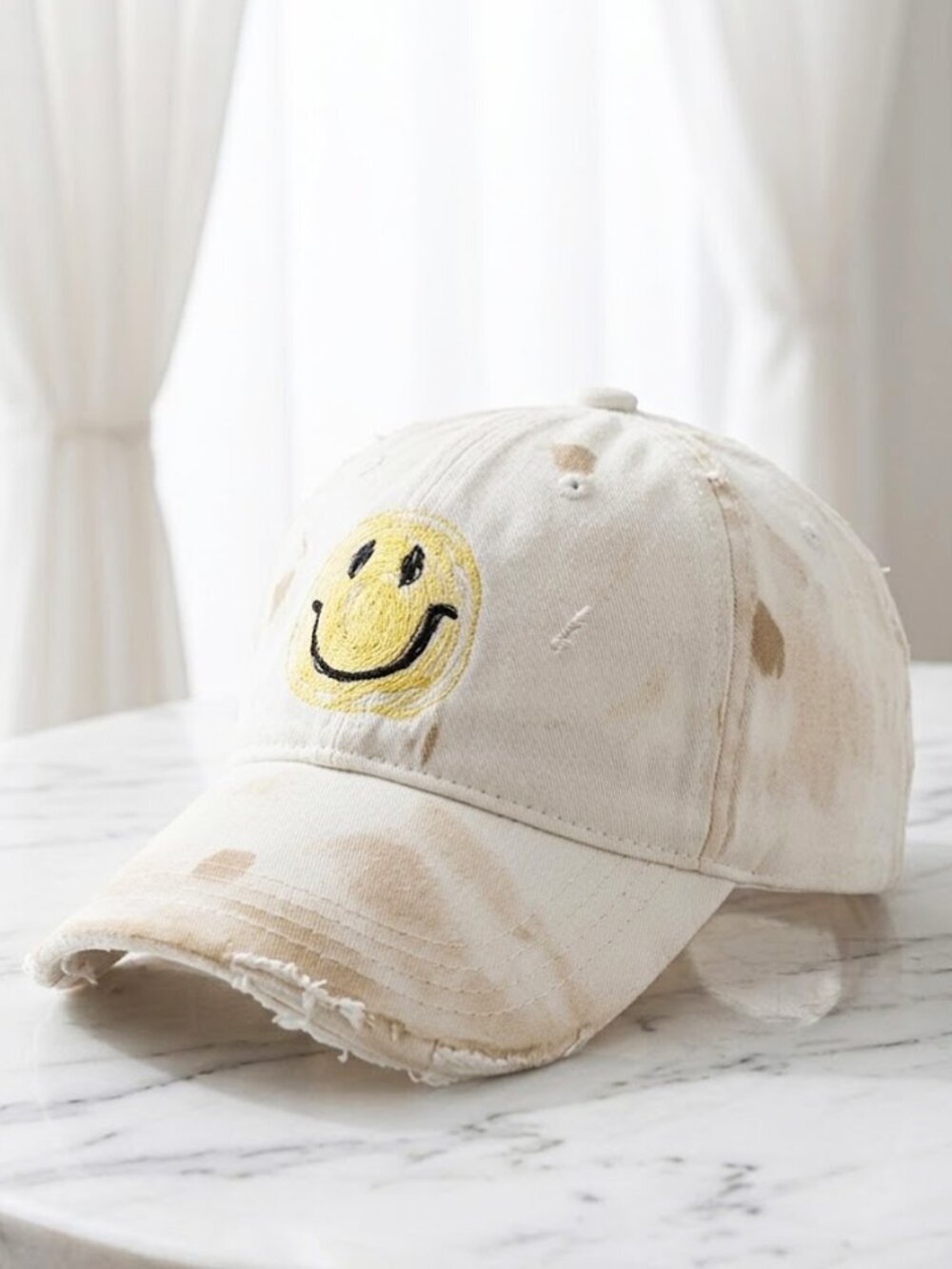 Ladies White Spotted Smiley Face Baseball Hat